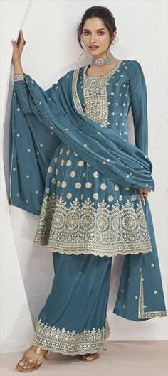 Blue color Salwar Kameez in Silk fabric with Embroidered, Sequence, Thread, Zari work Blue Chikankari Embroidered Sharara For Reception, Blue Chikankari Embroidery Kurta For Reception, Blue Unstitched Suit With Chikankari Embroidery For Reception, Blue Georgette Kurta For Reception, Blue Chikankari Embroidery Unstitched Suit For Reception, Blue Kurta With Chikankari Embroidery For Reception, Blue Chikankari Embroidered Kurta For Reception, Unstitched Blue Sharara For Reception, Blue Traditional Wear With Chikankari Embroidery For Reception