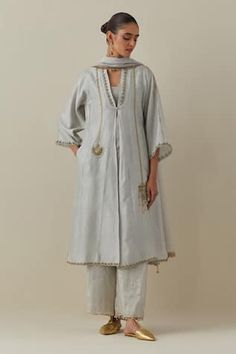 Grey kurta with zari and stone work. Paired with a tissue pant and cotton slip. - Aza Fashions Elegant Slub Silk Sets With Mirror Work, Elegant Ceremonial Sets With Gota Work, Anarkali Sets With Mirror Work For Ceremonial Occasions, Grey Kurta, Cotton Slip, Kurta With Pants, Stone Work, Pant Set, Work Pants