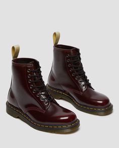 Vegan 1460 Lace Up Boots | Dr. Martens Cherry Red Dr Martens, Red Dr Martens, Dm Boots, Dr Martens Outfit, Vegan Heels, Ankle Boots Uk, Red Ankle Boots, Yellow Heels, Dr Martens Boots