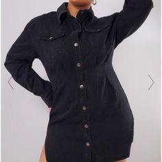 New With Tags, Washed Black Denim Material With A Cinched Waist And Long Sleeves. Chic Denim Dress With Pockets For Night Out, Chic Black Mini Length Denim Dress, Chic Black Denim Mini Dress, Chic Black Mini Denim Dress, Trendy Black Denim Mini Dress, Black Denim Mini Dress For Night Out, Black Knee-length Denim Dress For Fall, Black Cotton Denim Dress For Night Out, Casual Black Denim Mini Dress