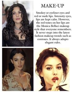 Different Types Of Foreheads, Confident Makeup Look, Italian Style Makeup, Monica Belucci Style, Cool Minimalist Makeup, Monica Belluci Makeup Look, Monica Geller Makeup Tutorial, Italian Makeup Looks Natural, How To Looksmaxxing Woman