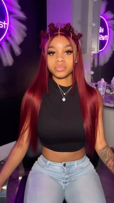 Pinby: @theaishaaaa 💘 Half Up Half Down Red Wig Black Women, Cute Red Wig Hairstyles, Red Lace Front Hairstyles, Burgundy Frontal Wig Hairstyles, Red Human Hair Wigs, Red Wig Styles For Black Women, Red Lace Front Wigs Hairstyles, Red Hair Black Women Hairstyles, Red Wig Install Black Women