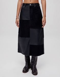 The Mid Rise Leather Patchwork Skirt in Black is inspired by the casual utility silhouettes of the early 2000s. Constructed from lightweight lamb leather and suede, each skirt features a slouchy mid rise, midi length, classic 5-pocket details, patchwork constructed, and double needle stitching. The Early 2000s, Patchwork Skirt, Leather Patchwork, Leather Cleaning, Denim Outfit, Leather Care, Early 2000s, Pocket Detail, Mens Denim