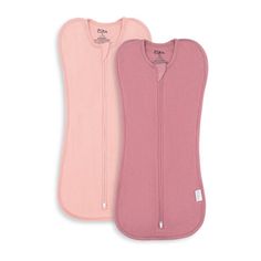 two baby bibs with zippers are shown in pink and light pink, one is closed