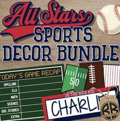 all star sports decor bundle includes baseball, football ball and other sports related items on a wooden background