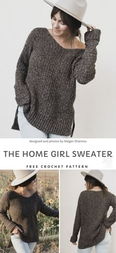 a woman wearing a hat and sweater with text that reads the home girl sweater