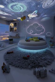 a bedroom with a round bed in the middle and stars on the ceiling above it