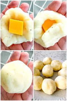 four pictures showing different types of food with cheese on top and in the middle,