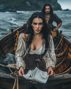 a woman in a white dress standing next to a man in a boat on the water