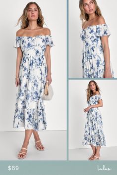 We can't help but dream about all the picnics and brunches we'll attend wearing the Lulus Delightfully Sweet White Floral Off-the-Shoulder Midi Dress! A whimsical floral print decorates gauzy woven fabric as it shapes this perfect sunny day dress, that features a lightly gathered bodice and a ruffle-trimmed, off-the-shoulder neckline, framed by fluttery short sleeves. The set-in waist (with long tying sash that secure at the back) tops a flowy, A-line midi skirt that falls to a tiered hem. Hidde Summer Off-shoulder Midi Dress For Garden Party, Spring Floral Print Off Shoulder Dress For Garden Party, White Off Shoulder Dress For Brunch, Spring Floral Print Off Shoulder Dress For Brunch, Spring Brunch Off Shoulder Dress With Floral Print, Spring Floral Print Off-shoulder Dress For Brunch, Summer Floral Print Off Shoulder Dress For Garden Party, Summer Off Shoulder Dress With Floral Print For Brunch, White Floral Print Off Shoulder Dress For Summer