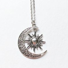 Magical Sun And Moon Design Necklace Gift, Mystical Sun And Moon Pendant Necklace, Mystical Sun And Moon Design Pendant Necklace, Adjustable Magical Jewelry With Sun And Moon Design, Adjustable Magical Sun And Moon Jewelry, Magical Silver Moon Phase Jewelry, Mystical Sun And Moon Necklace For Gift, Magical Silver Pendant Necklace, Magical Moon Phase Necklace With Round Pendant