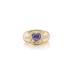 18k yellow gold ring with 0.25 cttw G-H/SI diamonds surrounding a 1.47 ctw heart-shaped iolite. The band is 13 mm wide and tapers to 4 mm. All sales are final. Please see our full cancellations & returns policy here Heart Signet Ring, Coil Ring, Heart Shaped Jewelry, Special Ring, 18k Gold Ring, 18k Yellow Gold Ring, Jewel Box, Yellow Gold Ring, The Band