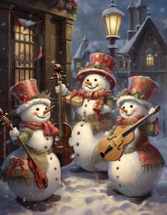 three snowmen are playing music in the snow