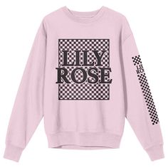 Embrace the unique style of Lily Rose with this adult cradle pink crew neck long sleeve sweatshirt. The front features the musician's logo set against a stylish checkered background, while the left sleeve is adorned with checkered patterns, adding a trendy and eye-catching detail. Crafted from a comfortable blend of 50% cotton and 50% polyester, this sweatshirt ensures both durability and coziness. For easy maintenance, machine wash it on cold with like colors and tumble dry on low heat. Checkered Art, Musician Logo, Flower Crew, Long Sleeve Graphic Tee, Standing Poses, Pink Crewneck, Logo Set, Lily Rose, How To Show Love