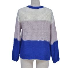 Blue Colorblock Pullover Sweater Blue Patchwork Crew Neck Sweater, Blue Winter Sweater With Contrast Color, Blue Color Block Sweater For Winter, Casual Blue Color Block Sweater, Blue Color Block Crew Neck Sweater, Blue Winter Tops With Contrast Color, Multicolor Crew Neck Outerwear With Color Block, Long Sleeve Purple Color Block Sweater, Purple Color Block Sweater For Winter