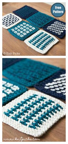 crocheted rugs with blue and white squares on them, one is made from yarn