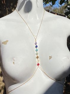 "please read description below 7 chakra body chain NECKLACE/BODY CHAIN FEATURES: *Upper necklace Measurement: 22\" + 3\" extension *Bottom Hips Measurement: 30\" + 10\" extension *Quantity: 1 piece *gold plated chain *natural gem stone size 8mm *quantity: 1 chakra body chain (buddha necklace is not included) --STONES FROM TOP TO BOTTOMS AMETHYST LAPIS LAZULI TURQUOISE AMAZONTINE TIGERS EYE CITRINE RED JASPER ----------PRODUCTION TIME + SHIPPING INSIDE USA------------ *BECAUSE EACH ITEM IS HANDMA Body Chain Necklace, Masculine Jewelry, Body Necklace Chain, Body Necklace, Buddha Necklace, Body Chains, Fashion Beads, 7 Chakra, 7 Chakras