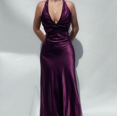 Euphoria Prom Dress Ideas, Halter Purple Dress, Plunge Prom Dress, Purple Dance Dress, Formal Dresses 90s, Prom Dress Big Bust Fit, Dark Purple Prom Dress Aesthetic, Y2k Prom Dress Aesthetic, Dark Purple Formal Dress Long