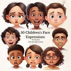 children's face expressions with various facial expressions and their faces are drawn in different styles