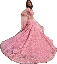 Crystal Embroidery, Net Dupatta, Pink Sequin, Love Notes, Plunging Neckline, Body Measurements, Skirt Length, Lehenga, Sequin