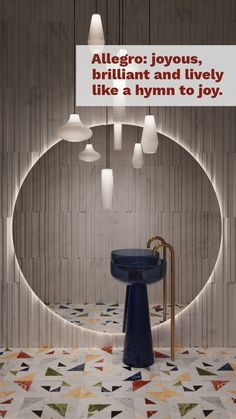 a bathroom with a blue pedestal sink and hanging lights on the wall above it is an advertisement for allegro joyous, brilliant and lively like a hy