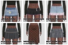 six different styles of skirts with the names of each item in front and bottom view