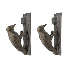 two metal birds are hanging on the wall hooks, one is holding a bird and another has a fish in it's mouth