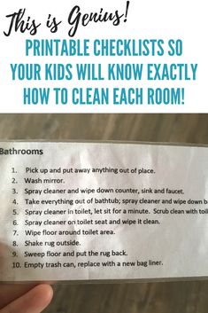 someone is holding up a printable checklist for their kids to know how to clean each room