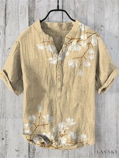 Lasaky - Stylish Bamboo Print Short-Sleeve Breathable Shirt Top by Element Fashion Vintage Japanese Art, Bamboo Print, Vintage Floral Top, Art Japonais, Linen Short, Magnolia Flower, Vintage Japanese, Shirt Top, Japanese Art