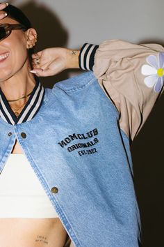 Limited Edition Mom Club Originals two toned Denim Bomber Jacket. Embroidered text with patches on the elbow and front. 2 sizes available. M/L and XL/2XL Hannah is 5'8 and wearing the 2XL for the oversized look. This item is made with love so please allow 2-3 weeks for production prior to shipment! :) Denim Varsity Jacket, Embroidered Text, Moms Club, Fall Kids, Custom Embroidery, 3 Weeks, Varsity Jacket, With Love, Bomber Jacket