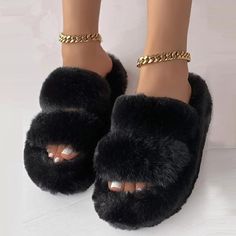 Black Casual Patchwork Solid Color Round Comfortable Shoes Trendy Black Closed Toe Slippers, Black Closed Toe Winter Slippers, Black Non-slip Round Toe Slippers, Black Non-slip Slippers With Round Toe, Black Winter Slippers With Round Toe, Black Slippers With Textured Footbed And Round Toe, Black Flat Heel Slippers For Winter, Black Flat Heel Winter Slippers, Comfortable Black Slippers For Fall