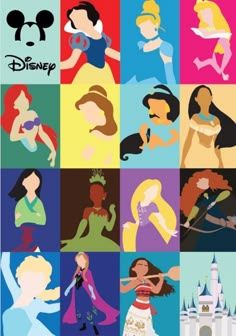 disney princesses are all different colors and sizes in the same square pattern, each with their own silhouettes