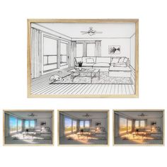 a drawing of a living room with couches and windows