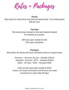 a menu with prices and packages on it