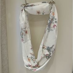 Floral And Bird Print White Infinity Scarf. Never Worn. 100% Polyester White Infinity, Bird Print, Bird Prints, Infinity Scarf, Gray White, Scarf Wrap, Scarf Accessory, Women Accessories, Floral