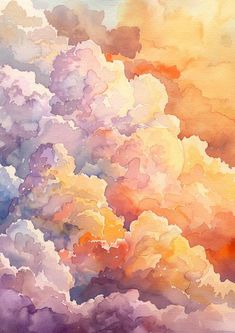 an abstract painting of clouds in the sky with oranges and yellows on them