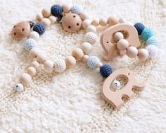 Hanging Rattles + Teether for Baby - Seazide Shop Chain Bracelet Diy, Bed Hanging, Elephant Shape, Wood Teethers, Crochet Beads, Wooden Teether, Crochet Beaded Bracelets, Organic Cotton Yarn, Baby Teethers