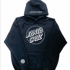 This Is The Santa Cruz Hoodie With Santa Cruz Designs On The Front, Sleeve And Hood On A Black Hoodie With White Designs. Black Urban Sweatshirt With Branding, Urban Black Sweatshirt With Branding, Casual Cotton Hoodie For Skateboarding, Winter Long Sleeve Sweatshirt For Skateboarding, Black Casual Hoodie With Logo Print, Casual Black Hoodie With Logo Print, Casual Black Hoodie With Branding, Casual Skateboarding Hoodie, Urban Hoodie With Branding For Winter