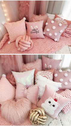 two pictures of pink pillows with white polka dots on them, and one photo of the same pillow