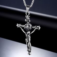 Mens Vintage Jesus Christ Crucifix Cross Pendant Christian Necklace Chain 24" | eBay Metal Crucifix Cross Necklace For Gift, Metal Crucifix Cross Necklace Gift, Metal Crucifix Cross Necklace As Gift, Gift Crucifix Cross Necklace With Chain, Gift Cross Necklace With Crucifix Chain, Metal Crucifix Necklace As Gift, Spiritual Cross Necklace With Silver Chain For Gift, Stainless Steel Cross Necklace With Chain As Gift, Gift Stainless Steel Cross Necklace With Chain