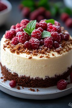 a cake topped with raspberries and powdered sugar on a white platter