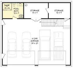 the floor plan for a garage with two cars and an upstairs living area on one side