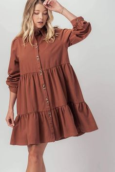 Our rust chambray tiered dress is perfect for fall. Dress is mid-length, fits TTS. 100%Cotton Sparkly Club Dress, Chambray Dress Outfit, Ivory Sweater Dress, Collard Dress, Zaful Dresses, Summer Dresses Online, Ruffle Tiered Dress, Shapewear Dress, Shopping Clothes