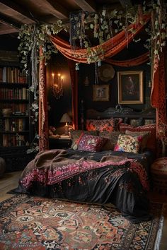 a bedroom with a canopy bed and rugs on the floor