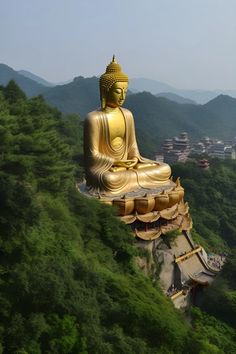 a large golden buddha statue sitting on top of a lush green hillside