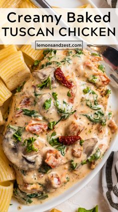 creamy baked tuscann chicken with spinach and sun dried tomatoes on the side