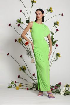 Vida is a jasmine green dream of a maxi. Her stunning color and sleek silhouette are the perfect choice for a summer party or date night. Her trend forward one shoulder detail and flattering, ruched side seam are sure to standout! Bright Green Dresses, Missy Dresses, Asymmetrical Maxi Dress, Boy Outerwear, Bridal Shower Brunch, Girls Outerwear, Maggy London, Boys Pajamas, Short Jumpsuit