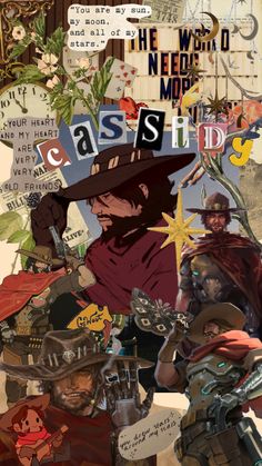 the collage has many different images and words on it, including an image of a cowboy