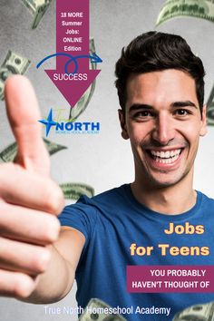 a man giving the thumbs up sign with money in the background and words jobs for teens above him