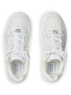 WHITE LEATHER SNEAKERS WITH WHITE PERFORATED LEATHER INSERTS AND WHITE RUBBER DETAILS. THEY FEATURE LACE-UP CLOSURE WITH INTERLOCKING G DETAIL, GUCCI LOGO AND RUBBER SOLE. ITA SIZE. SIZE NATIONALITY: IT Italian Elegance, Gucci Logo, White Leather Sneakers, Versace Bags, Prada Designer, Gucci Leather, Balenciaga Designer, Perforated Leather, Hermes Bags